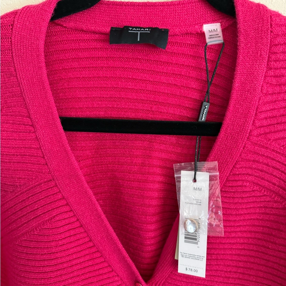 Tahari Fuchsia Ribbed Cardigan Sweater NWT Medium | Bright Pink V-Neck - Picture 9 of 12